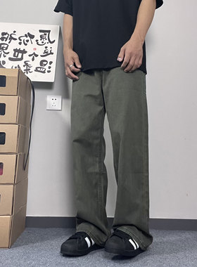 Mmel军绿色裤子男夏美式复古宽松直筒拖地长裤出来百搭纯棉阔腿裤