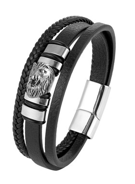 欧美复古狮子头不锈钢手链真皮编织多层皮手链男士百搭首饰品
