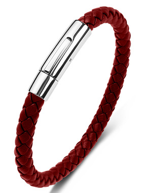 欧美时尚皮绳手链男士真皮手环红色高级感简约情侣手绳男女礼物