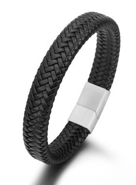 欧美流行男士宽手链牛皮编织复古