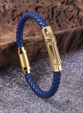 潮牌真皮编织手链男士复古十字架转运手环黑色百搭帅气送男友手绳