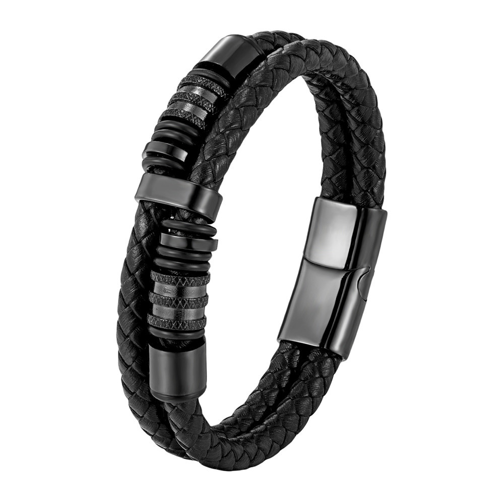 黑色真皮编织双圈手绳男士复古皮绳手链高级感手环男生饰品礼物