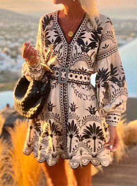 FD1811 European Chic Print Beach Mini Dress women clothing