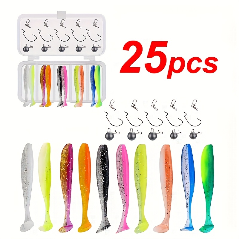 25件 钓鱼软饵 双色软鱼曲柄钩配重套装 路亚饵软饵假饵套装