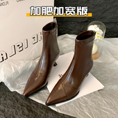 法式 高跟短靴女秋冬配大衣尖头棕色瘦瘦靴大码 女靴41到43加宽加肥