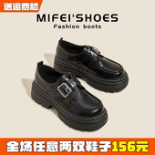 女春季 大码 英伦风单鞋 厚底小皮鞋 黑色制服鞋 一脚蹬粗跟乐福鞋 女鞋