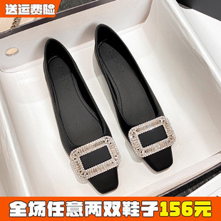 方头浅口单鞋 女鞋 女冬平底2025新款 大码 方扣水钻配裙子瓢鞋 米霏