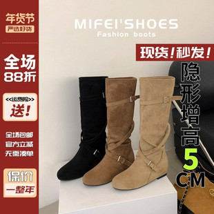 内增高交叉扣带长筒靴女胖mm粗腿西部靴大筒围加宽骑士靴大码靴子