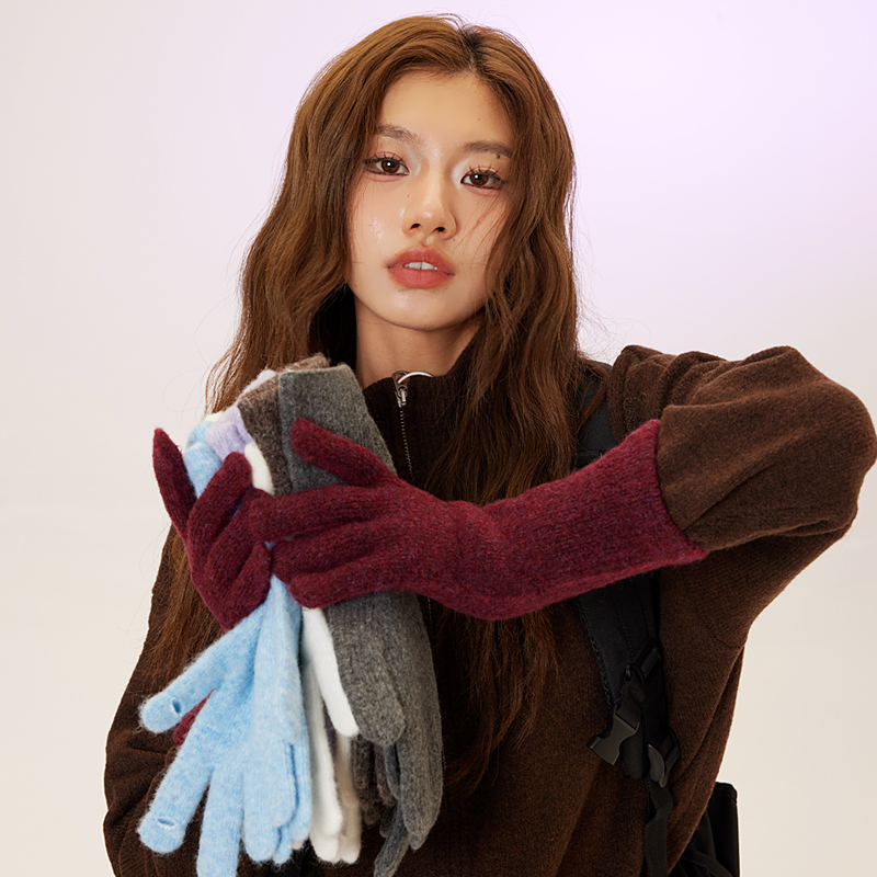 触屏羊毛混纺保暖针织手套女纯色