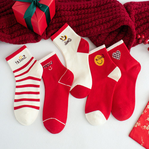 红色笑脸袜子女本命年秋冬季保暖可爱字母笑脸中筒袜新年长袜