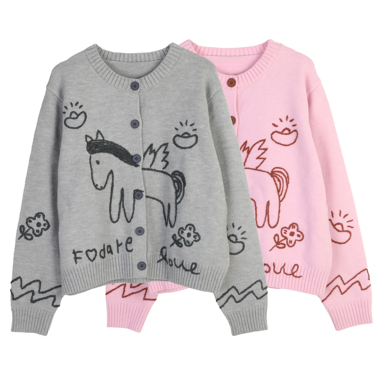 春秋新款甜美可爱针织开衫花朵小马刺绣圆领针织衫女式百搭毛衣女