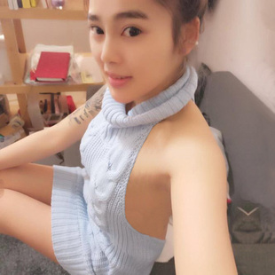 处男杀手露背毛衣 七了个三2024开胸露背性感无袖系带针织夜店装