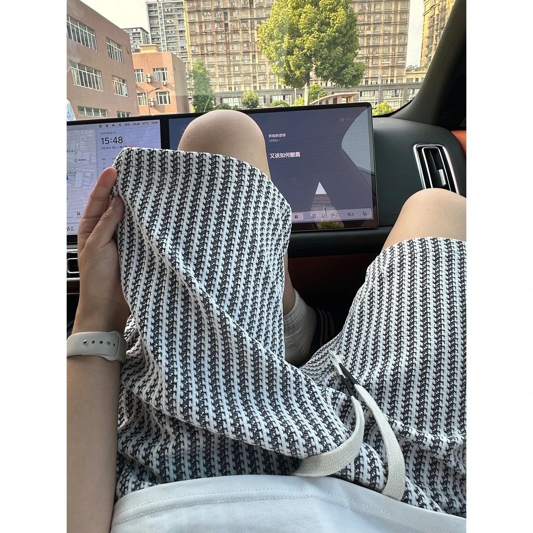 针织小香风条纹短裤男夏季宽松直筒休闲五分裤子潮牌复古运动裤衩