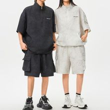 休闲运动扎染短袖短裤套装男夏季2025新款潮流痞帅工装情侣两件套