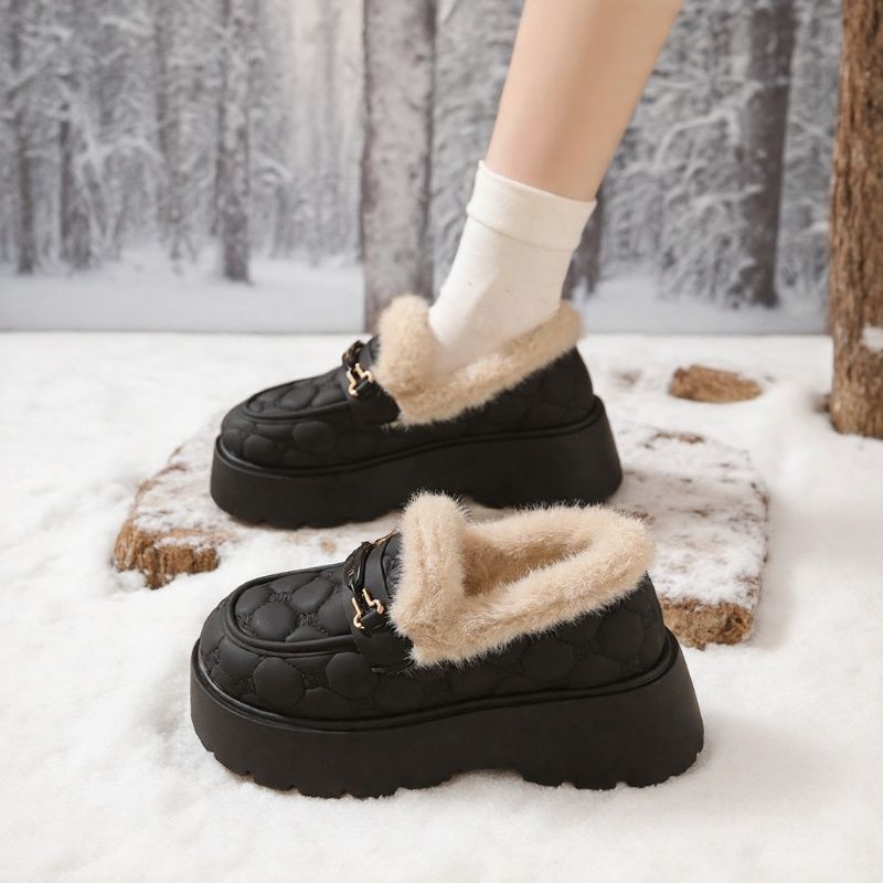 小香风加绒厚底乐福鞋女2025新款冬季增高豆豆鞋防滑保暖棉鞋34码