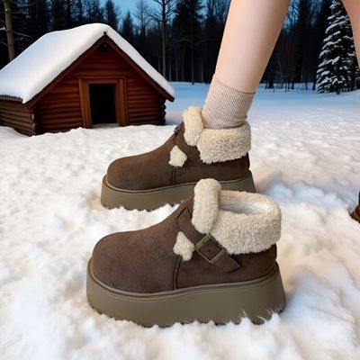 厚底雪地靴女2025新款冬季34小码增高保暖毛毛棉鞋加绒加厚乐福鞋