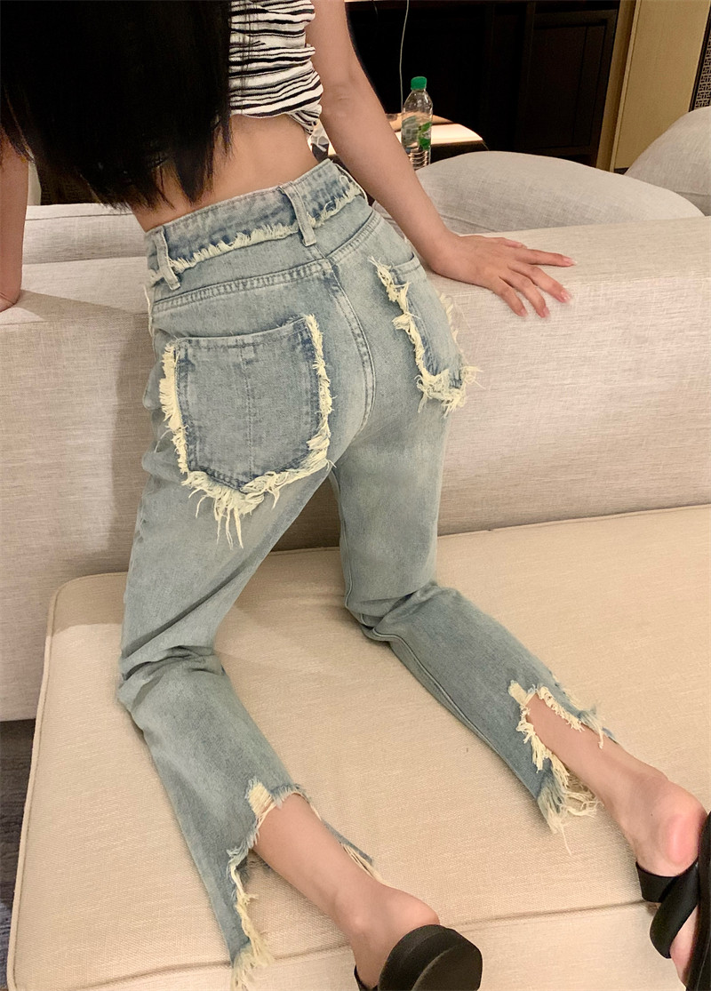 破洞毛边流苏直筒牛仔裤女春秋新款大码宽松高腰显瘦阔腿九分裤子