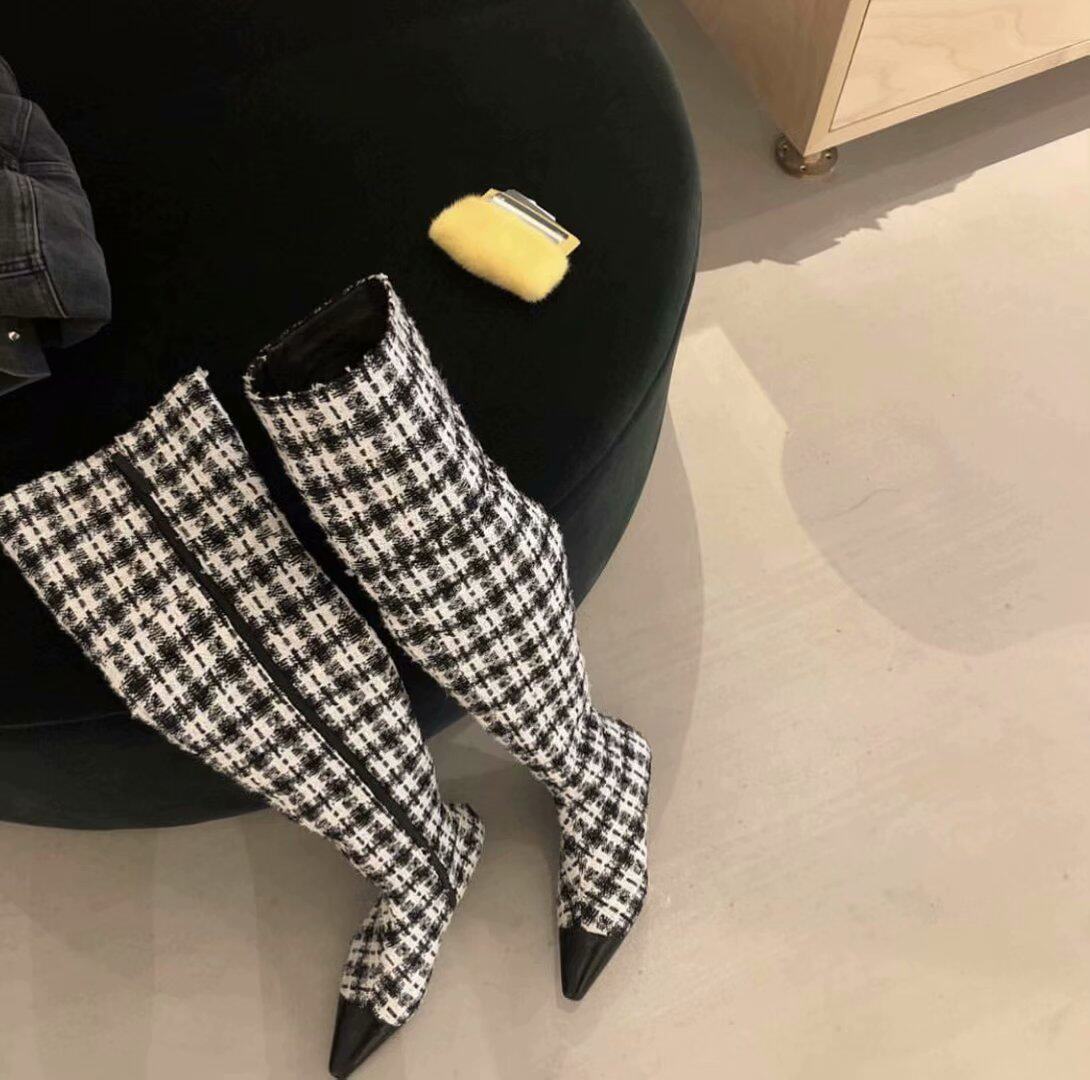 大腿围女靴全拉链款过膝靴女胖mm长靴显瘦真皮尖头中跟长筒格子布