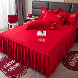 大红色结婚床裙单件女方出嫁酒店铺床婚房床罩三件套婚庆床单枕套