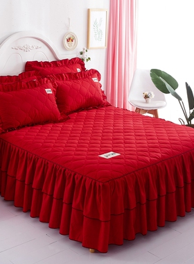 床裙单件大红色婚庆结婚床罩三件套枕套粉玉纯色夹棉床笠1.5m18米