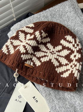 YAOLI熔岩咖啡～100澳毛复古雪花提花针织帽子女秋冬保暖渔夫帽男