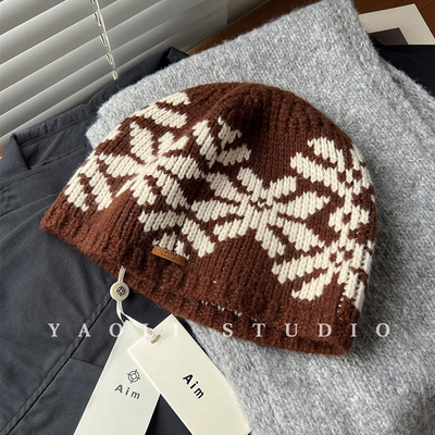 YAOLI熔岩咖啡～100澳毛复古雪花提花针织帽子女秋冬保暖渔夫帽男