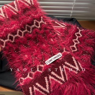 YAOLI西野红～费尔岛风复古提花毛绒流苏围巾女秋冬保暖护颈围脖