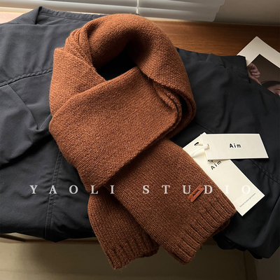YAOLI暖栗棕～100羊毛纯色皮标AIM针织围巾女秋冬保暖护颈围脖韩