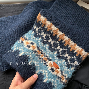 YAOLI深海蓝～韩系经典费尔岛风提花皮标围巾女秋冬保暖护颈围脖