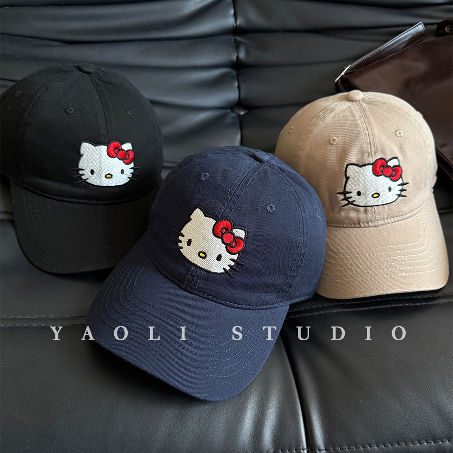 YAOLI美式复古kitty猫刺绣棒球帽子女户外遮阳大头围显脸小鸭舌帽