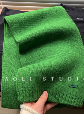 YAOLI罗勒深绿～100羊毛纯色皮标AIM针织围巾女秋冬保暖护颈围脖