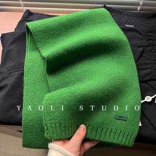 YAOLI罗勒深绿～100羊毛纯色皮标AIM针织围巾女秋冬保暖护颈围脖