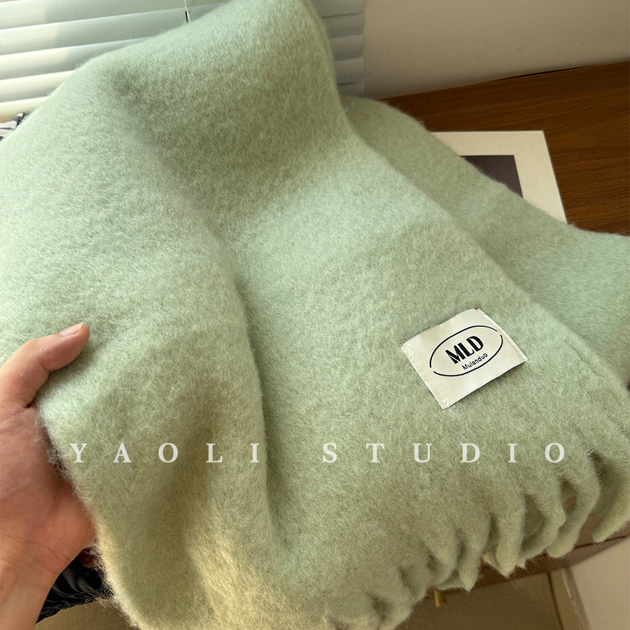 YAOLI气泡绿～软糯纯色含羊毛流苏拉毛围巾女秋冬保暖防寒围脖韩