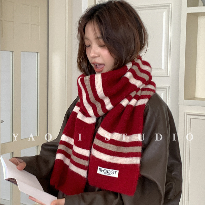 YAOLI韩系条纹经典撞色软糯针织毛线围巾女秋冬保暖防寒护颈围脖