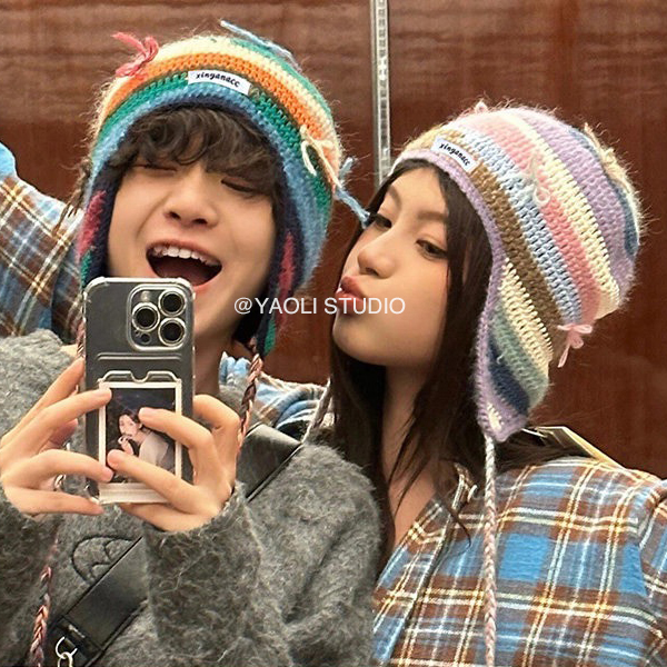 YAOLI～秋冬保暖毛绒蝴蝶结针织雷锋帽子女韩系护耳防寒毛线帽