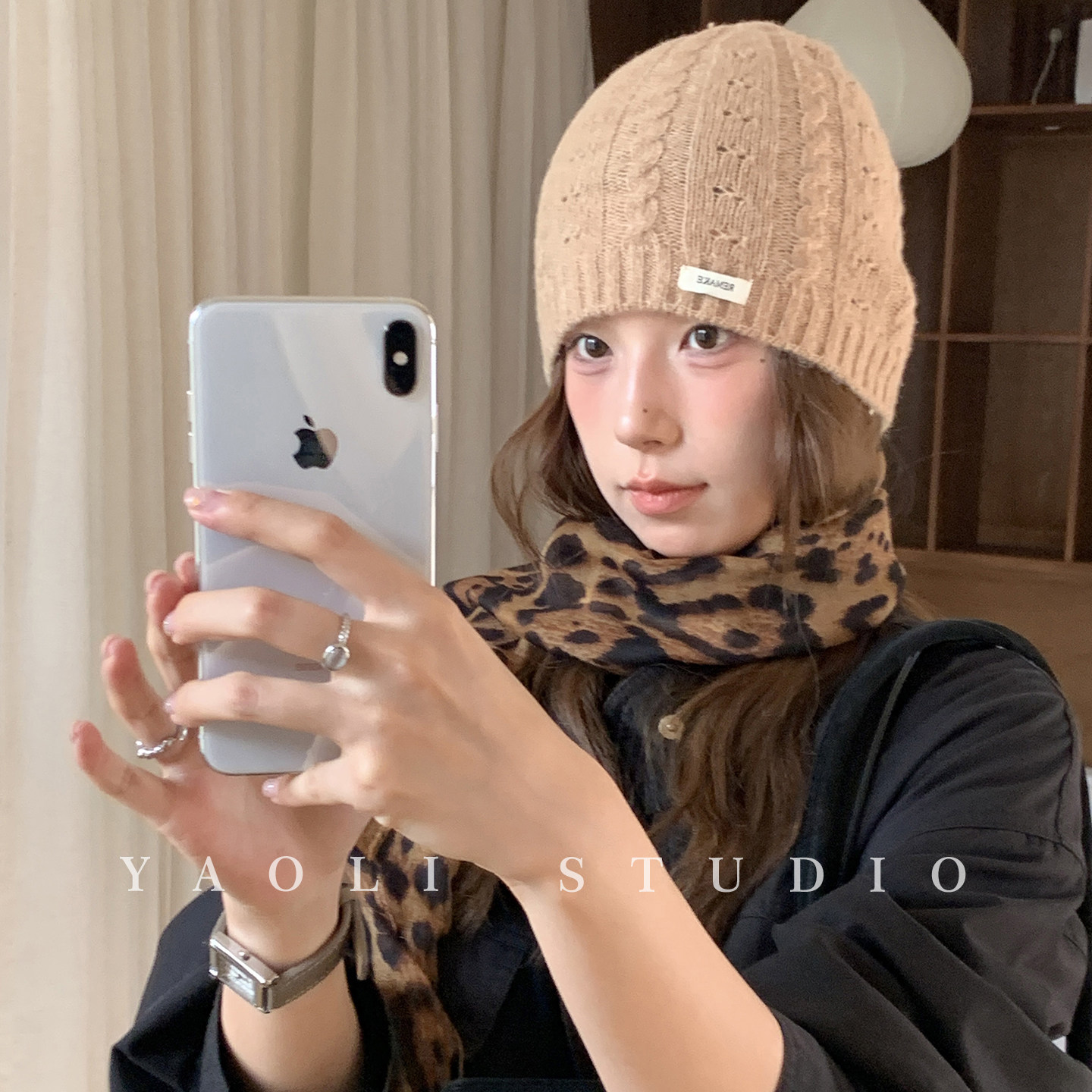 YAOLI韩系麻花纹镂空针织套头帽子女2026秋冬保暖防寒纯色冷帽潮