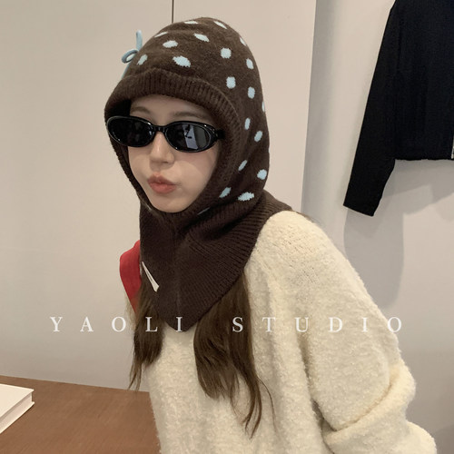 YAOLI韩系波点蝴蝶结巴拉克拉法帽子女2026秋冬保暖防寒毛线冷帽