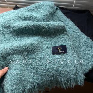 YAOLI湖蓝色~韩系羊驼绒圈圈纱毛边围巾女秋冬保暖披肩围脖男韩