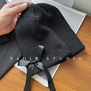 YAOLI~Jennie金智妮同款黑色蝴蝶结飘带针织帽子女秋冬包头帽潮