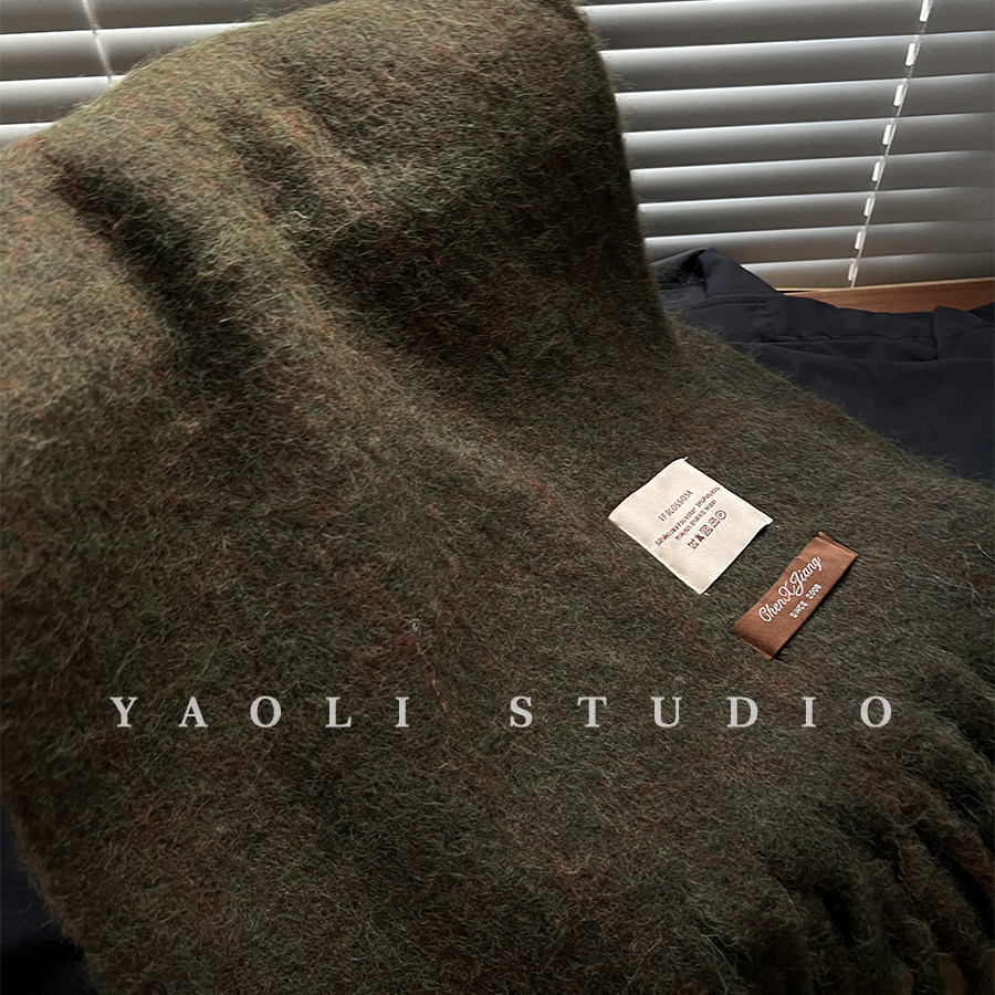 YAOLI炭黑暗绿～软糯格子拉毛围巾女秋冬保暖防寒含羊毛披肩围脖