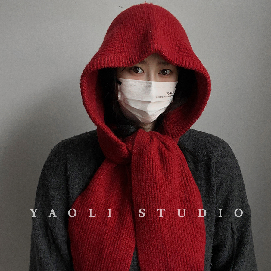 YAOLI帽子围巾一体～针织巴拉克拉法帽子女秋冬保暖绑带围巾帽韩