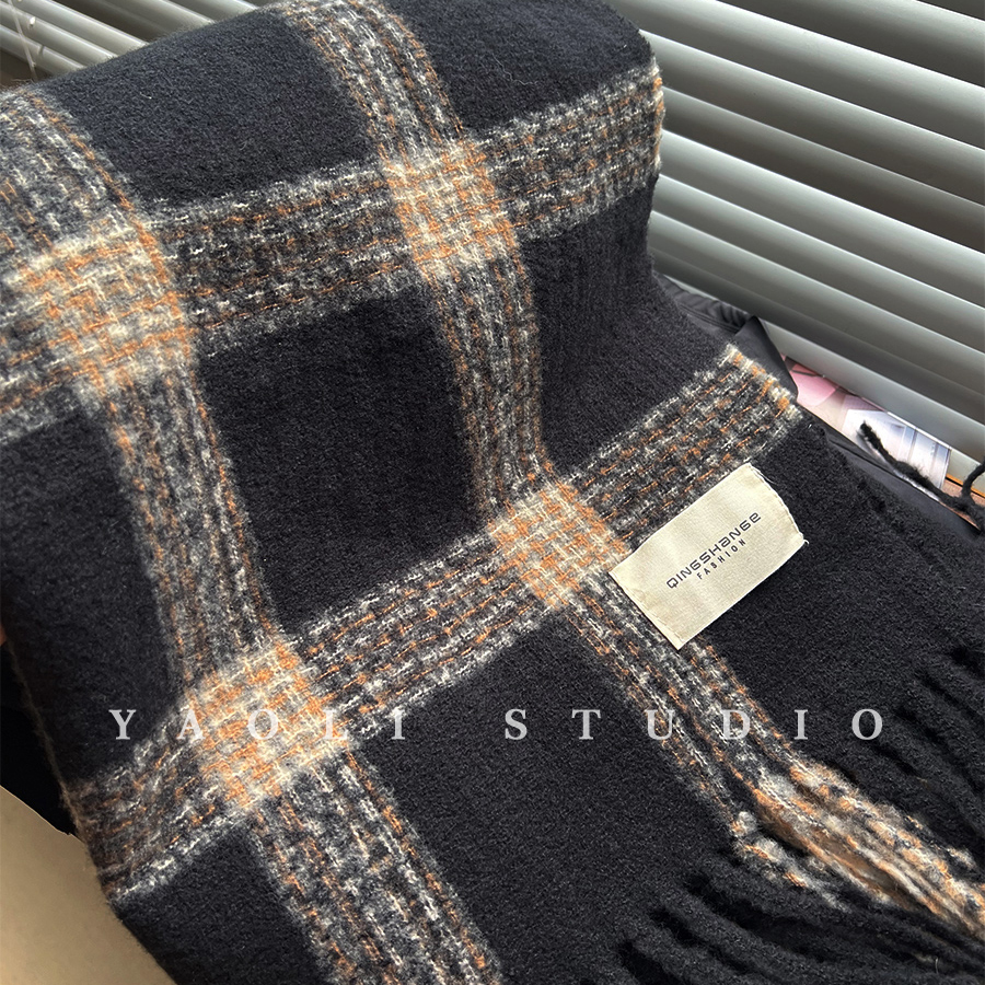 YAOLI~经典黑色格子氛围感流苏围巾女秋冬韩系保暖防寒披肩围脖