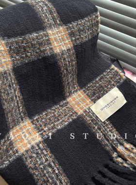 YAOLI～经典黑色格子氛围感流苏围巾女秋冬韩系保暖防寒披肩围脖