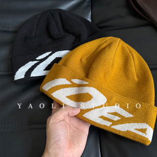 YAOLI美式复古iDEA字母针织套头帽子女秋冬保暖大头围显脸小冷帽