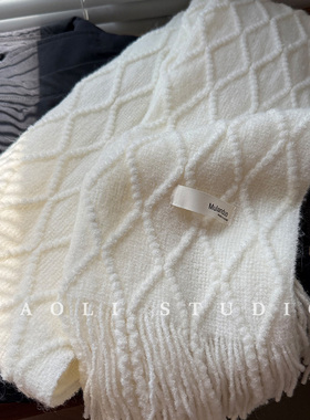 YAOLI优雅暮雪白～氛围感菱形麻花针织围巾女秋冬保暖防寒围脖韩