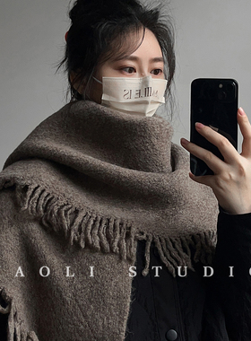 YAOLI可可棕～韩系氛围流苏三角巾形围巾女秋冬保暖防寒披肩围脖