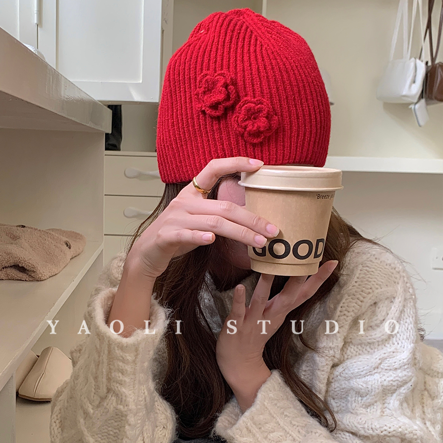 YAOLI～韩系手工立体花朵针织帽子女秋2025秋冬保暖毛线套头帽