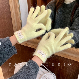 YAOLI含兔毛蕾丝边贴布～秋冬氛围针织毛线手套女保暖露指可触屏