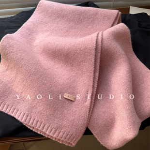 YAOLI樱花粉～韩系软糯纯色针织Ain皮标围巾女秋冬保暖防寒围脖潮