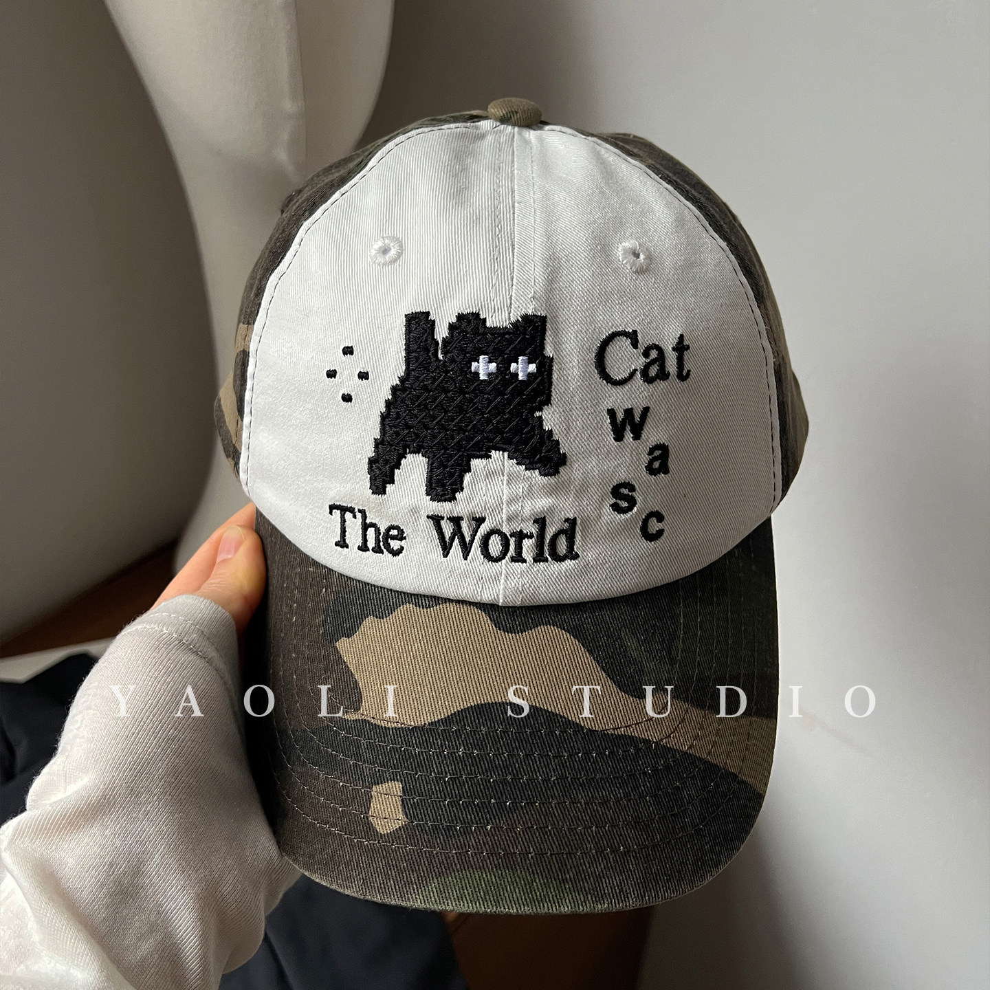 YAOLI美式马赛克猫咪刺绣迷彩棒球帽子女户外遮阳防晒鸭舌帽男潮